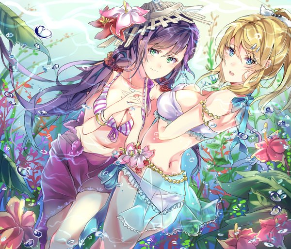 Anime picture 1800x1542 with love live! school idol project sunrise (studio) love live! toujou nozomi ayase eli takitou long hair looking at viewer blush fringe highres short hair breasts open mouth blue eyes light erotic blonde hair smile hair between eyes large breasts