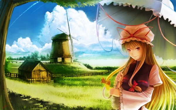 Anime picture 1279x800 with touhou yakumo yukari dopollsogno single long hair blonde hair red eyes wide image cloud (clouds) girl bow hair bow hat building (buildings) umbrella house windmill