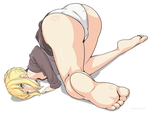 Anime picture 3622x2713 with fate (series) fate/stay night studio deen type-moon artoria pendragon (all) saber single long hair highres open mouth light erotic blonde hair white background bare shoulders green eyes absurdres ass barefoot bare legs spread legs