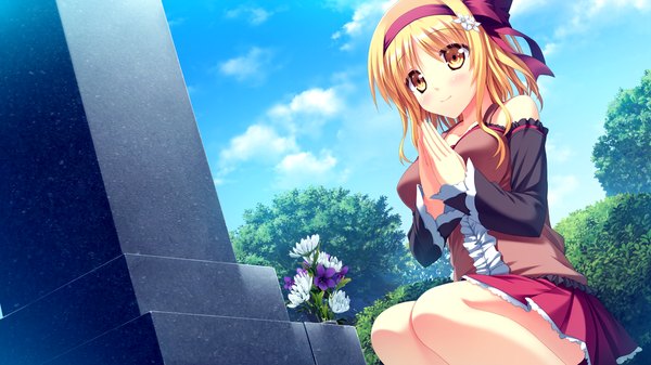 Anime picture 1280x720 with koiken otome someya yuzu tateha (marvelous grace) blush short hair blonde hair wide image yellow eyes game cg girl dress flower (flowers) detached sleeves hairband tombstone