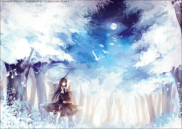 Anime picture 1000x707 with original sinsora (pixiv) single long hair black hair red eyes night night sky girl dress bow plant (plants) animal tree (trees) bird (birds) star (stars) full moon forest cage