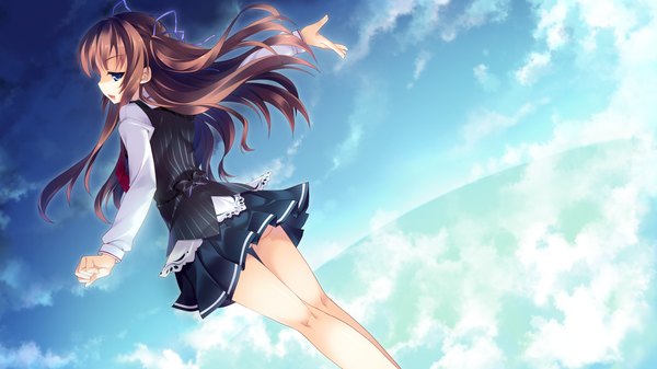Anime picture 2048x1152 with guardian place skyfish (studio) ootori aoi tsurugi hagane single long hair highres open mouth blue eyes brown hair wide image game cg looking back girl dress