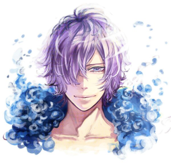 Anime picture 2285x2189 with ib (game) garry (ib) single fringe highres short hair simple background purple eyes purple hair light smile hair over one eye boy