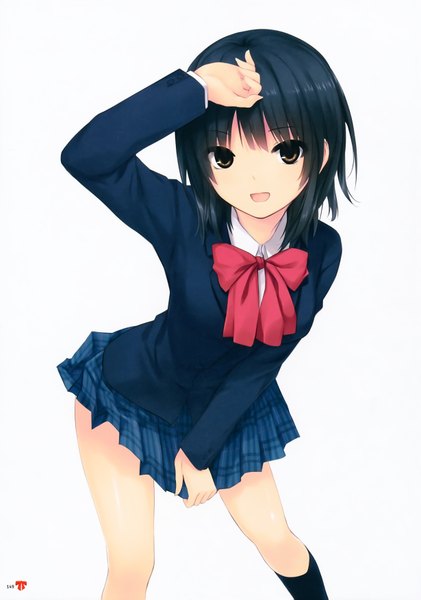 Anime picture 4914x7002 with original aoyama sumika coffee-kizoku single tall image looking at viewer highres short hair open mouth black hair simple background white background absurdres black eyes scan plaid skirt hand on head girl skirt uniform