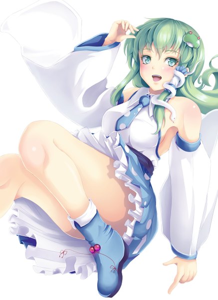Anime picture 1000x1370 with touhou kochiya sanae m yumi fuwawa single long hair tall image looking at viewer blush open mouth light erotic simple background white background green eyes green hair girl dress hair ornament detached sleeves boots