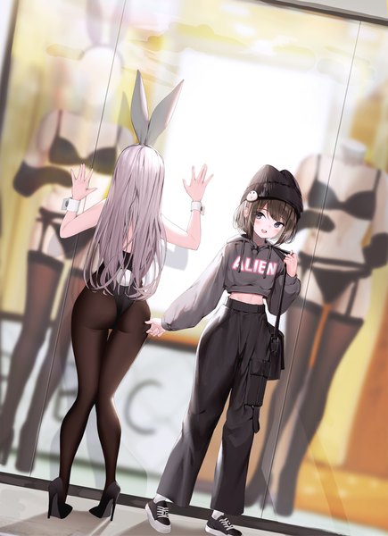 Anime picture 1813x2500 with original lee seok ho long hair tall image blush highres short hair open mouth light erotic brown hair standing multiple girls animal ears silver hair full body outdoors tail animal tail arms up midriff