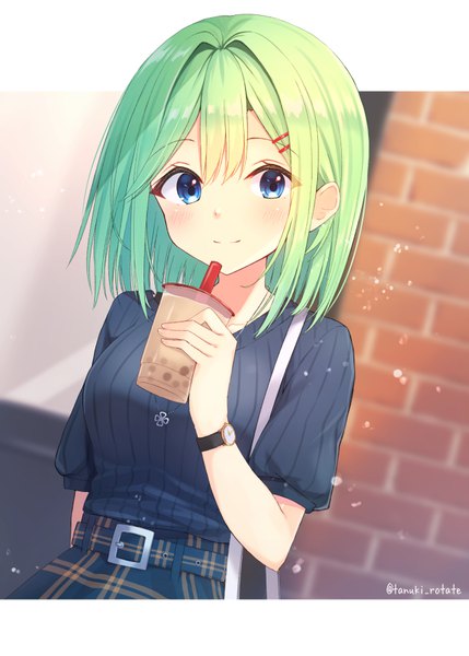 Anime picture 643x900 with original comiket 98 takeda emi shirai tanuki single tall image looking at viewer blush fringe blue eyes smile holding signed upper body outdoors green hair sunlight blurry dutch angle twitter username