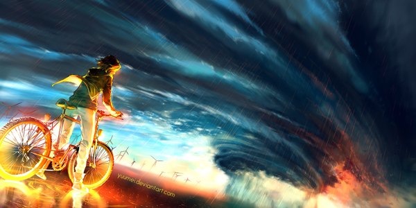 Anime picture 1500x750 with original yuumei single short hair brown hair wide image sky cloud (clouds) wind sunlight open clothes open jacket reflection rain girl jacket ground vehicle bicycle wind turbine