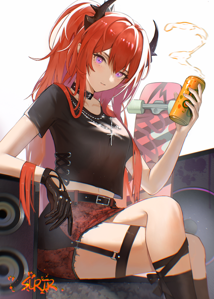 Anime picture 2178x3049 with arknights surtr (arknights) surtr (liberte echec) (arknights) ufoliving single long hair tall image looking at viewer blush fringe highres breasts simple background sitting purple eyes holding bent knee (knees) ponytail red hair horn (horns)