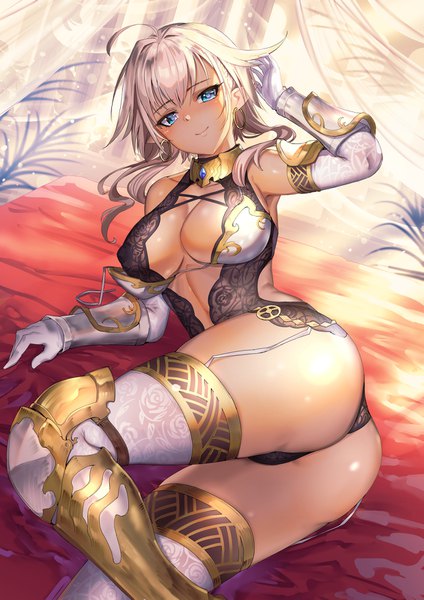 Anime picture 1241x1755 with original matsumoto mitsuaki single long hair tall image looking at viewer blush fringe breasts blue eyes light erotic blonde hair smile hair between eyes large breasts ahoge ass lying arm up pointy ears