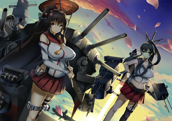 Anime picture 1023x723 with kantai collection yamato super battleship yahagi light cruiser muunyan (yumenekoya) long hair looking at viewer breasts black hair large breasts multiple girls brown eyes sky cloud (clouds) ponytail girl skirt hair ornament weapon 2 girls petals