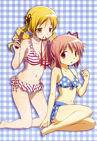 Anime picture 1030x1500 with mahou shoujo madoka magica shaft (studio) nyantype kaname madoka tomoe mami shiotsuki kazuya tall image blush multiple girls holding scan official art mouth hold drill hair plaid ribbon in mouth plaid background girl navel ribbon (ribbons)