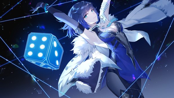 Anime picture 1600x900 with genshin impact yelan (genshin impact) panpanmeiyou hp single looking at viewer fringe short hair light erotic smile wide image blue hair cleavage blunt bangs aqua eyes arms up clothes on shoulders girl gloves dice