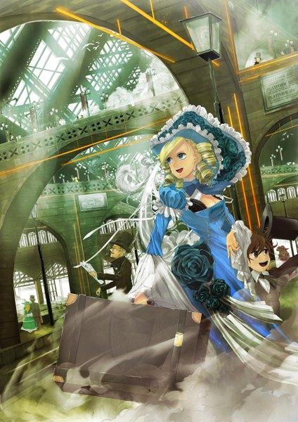 Anime picture 1754x2480 with mashiro akira (artist) tall image highres open mouth blue eyes blonde hair brown hair drill hair cityscape steam girl dress flower (flowers) hat bag lantern child (children) top hat lamppost train station