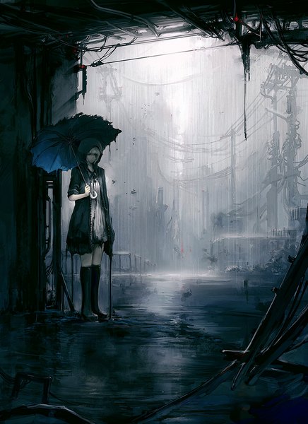 Anime picture 800x1101 with original asuka111 single tall image fringe standing white hair open clothes open jacket city rain cityscape street girl dress water jacket hood umbrella knee boots