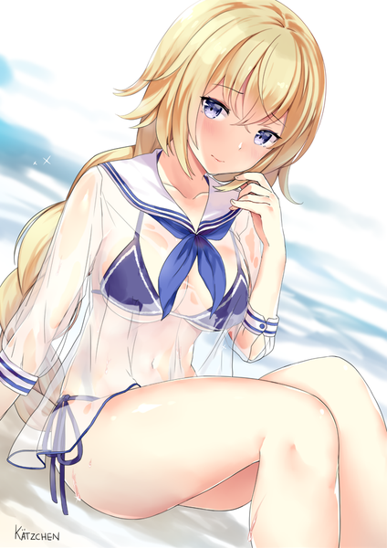 Anime picture 694x981 with fate (series) fate/apocrypha jeanne d'arc (fate) (all) jeanne d'arc (fate) kaetzchen single long hair tall image looking at viewer blush fringe breasts blue eyes light erotic blonde hair hair between eyes sitting bare shoulders signed cleavage