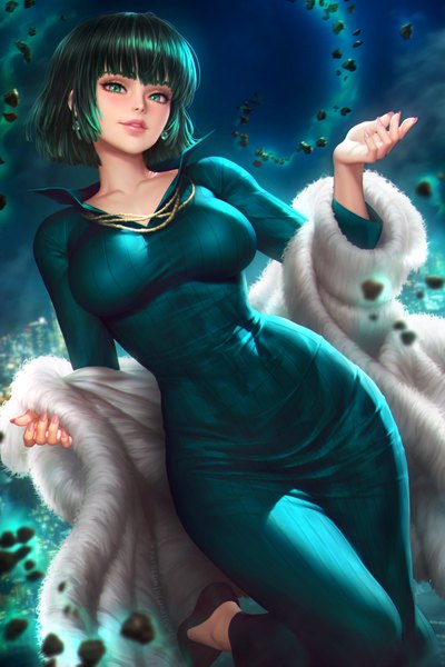 Anime picture 2400x3597 with one-punch man madhouse fubuki (one-punch man) nudtawut thongmai single tall image looking at viewer fringe highres short hair breasts smile large breasts green eyes payot bent knee (knees) outdoors blunt bangs long sleeves nail polish