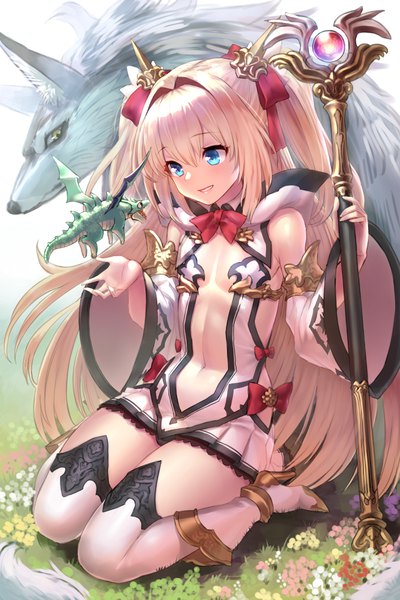 Anime picture 666x1000 with original yapo (croquis side) single long hair tall image fringe blue eyes light erotic blonde hair smile hair between eyes sitting twintails looking away outdoors wide sleeves high heels wariza flat chest fantasy
