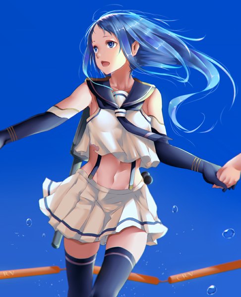 Anime picture 900x1110 with kantai collection samidare destroyer viola (seed) long hair tall image open mouth blue eyes bare shoulders blue hair looking away pleated skirt holding hands underwater girl thighhighs skirt gloves water elbow gloves bubble (bubbles)