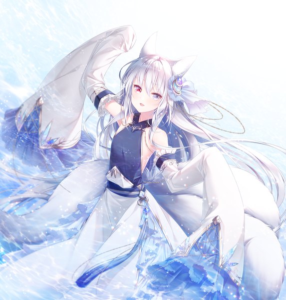 Anime picture 1647x1726 with original sagami rin single long hair tall image looking at viewer fringe open mouth blue eyes simple background smile hair between eyes red eyes standing bare shoulders animal ears payot white hair tail :d