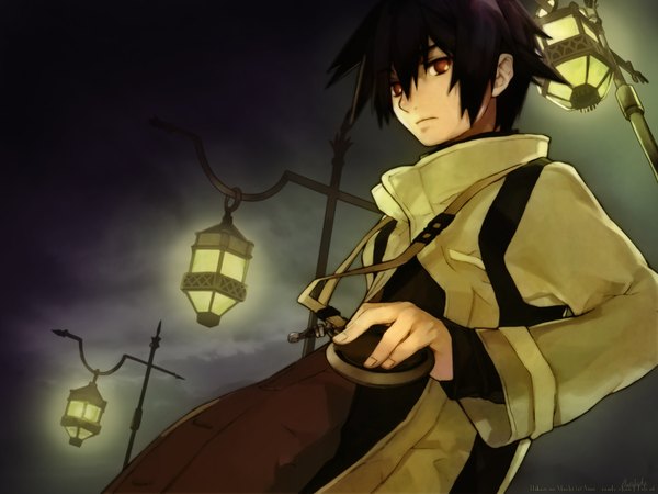 Anime picture 1600x1200 with hikari no machi red eyes dark background lantern lamppost