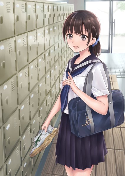 Anime picture 1024x1449 with original yukimaru217 single long hair tall image looking at viewer open mouth smile brown hair standing holding brown eyes indoors :d pleated skirt blurry low ponytail shoes removed locker room girl