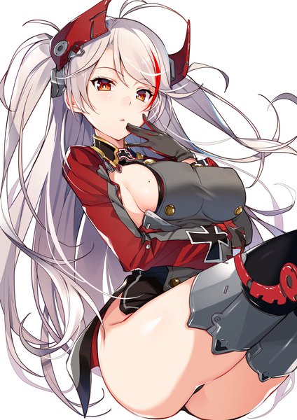 Anime picture 1240x1754 with azur lane prinz eugen (azur lane) kat (bu-kunn) single long hair tall image breasts light erotic simple background large breasts white background sitting silver hair ahoge mole orange eyes two side up sideboob covered nipples side slit