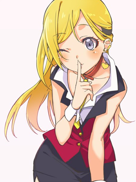 Anime picture 600x800 with idolmaster idolmaster cinderella girls fujimoto rina haruichi single long hair tall image blush fringe blonde hair simple background one eye closed wink grey eyes tattoo finger to mouth covering girl skirt uniform