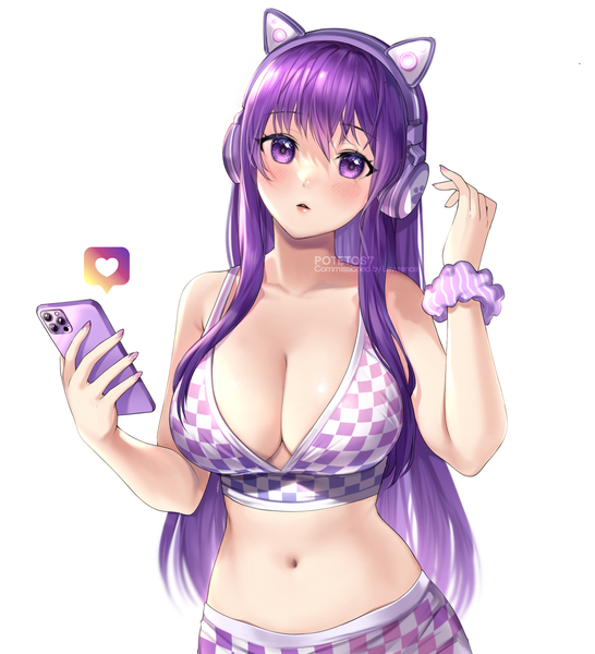 Anime picture 1663x1829 with doki doki literature club yuri (doki doki literature club) potetos7 single long hair tall image looking at viewer blush fringe breasts light erotic simple background hair between eyes large breasts standing white background purple eyes bare shoulders holding signed