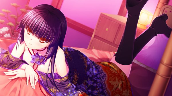 Anime picture 1280x720 with re:birth colony rindou airi asami asami long hair black hair red eyes wide image game cg lying japanese clothes girl boots kimono