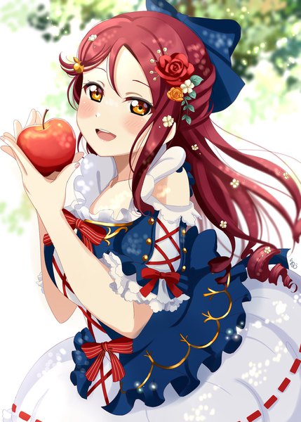 Anime picture 1464x2048 with love live! sunshine!! love live! school idol festival all stars sunrise (studio) love live! sakurauchi riko ranemu single long hair tall image looking at viewer blush open mouth holding yellow eyes outdoors red hair :d hair flower blurry half updo
