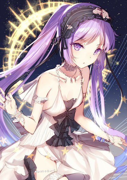 Anime picture 800x1131 with fate (series) fate/hollow ataraxia euryale (fate) bison cangshu single tall image looking at viewer blush purple eyes twintails bare shoulders payot purple hair upper body very long hair parted lips night :o night sky girl