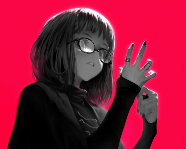 Anime picture 1280x1028 with original ryu ll single looking at viewer fringe short hair simple background upper body blunt bangs long sleeves nail polish fingernails sleeves past wrists monochrome red background black nail polish girl glasses ring turtleneck