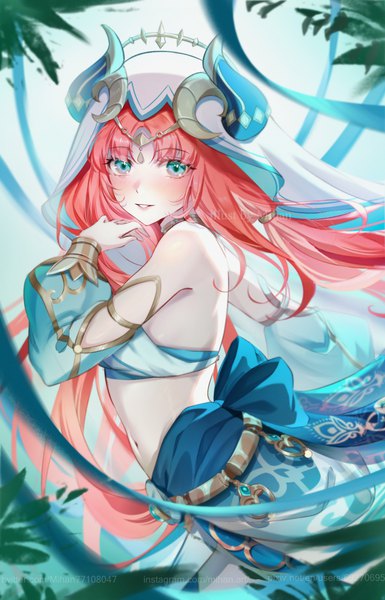 Anime picture 3386x5278 with genshin impact nilou (genshin impact) mihan77108047 single long hair tall image blush highres twintails signed looking away absurdres red hair horn (horns) aqua eyes midriff low twintails watermark girl navel