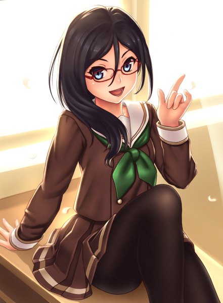 Anime picture 1024x1393 with hibike! euphonium kyoto animation tanaka asuka seeker single long hair tall image open mouth blue eyes black hair girl uniform school uniform pantyhose glasses black pantyhose