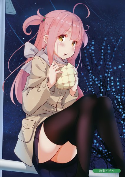 Anime picture 2471x3500 with melonbooks kisaichi jin single long hair tall image looking at viewer blush highres light erotic sitting yellow eyes pink hair ahoge scan two side up eating girl thighhighs skirt black thighhighs