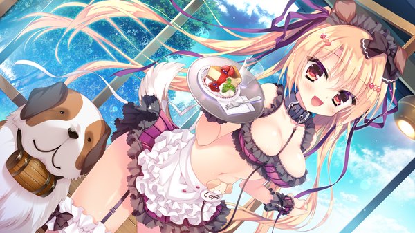 Anime picture 2048x1152 with wan nyan a la mode! inukai shinono wori single long hair looking at viewer blush fringe highres breasts open mouth light erotic blonde hair red eyes wide image standing animal ears game cg sky cleavage