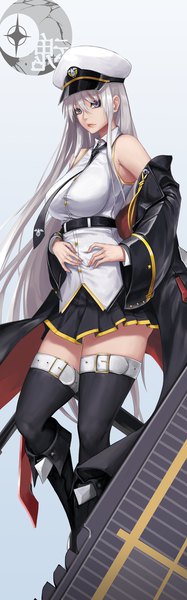 Anime picture 1500x4800 with azur lane enterprise (azur lane) kibellin single long hair tall image looking at viewer fringe breasts simple background hair between eyes large breasts standing purple eyes bare shoulders silver hair pleated skirt off shoulder open clothes girl