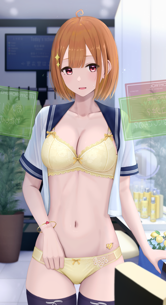 Anime picture 1088x1996 with original inaka 44 single tall image looking at viewer fringe short hair open mouth light erotic red eyes standing ahoge indoors blunt bangs orange hair open clothes tattoo thigh gap lace-trimmed bra girl