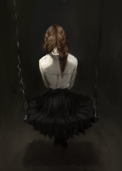 Anime picture 1193x1662 with original tsubu mikan single long hair tall image simple background brown hair braid (braids) pleated skirt from behind twin braids black background girl skirt shirt white shirt black skirt swing