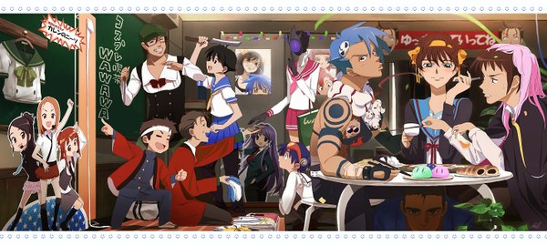 Anime picture 1424x639 with suzumiya haruhi no yuutsu code geass lucky star clannad tengen toppa gurren lagann durarara!! higurashi no naku koro ni school days tactics sunrise (studio) kyoto animation studio deen gainax key (studio) brains base (studio) suzumiya haruhi lelouch lamperouge yoko littner kyon kallen stadtfeld