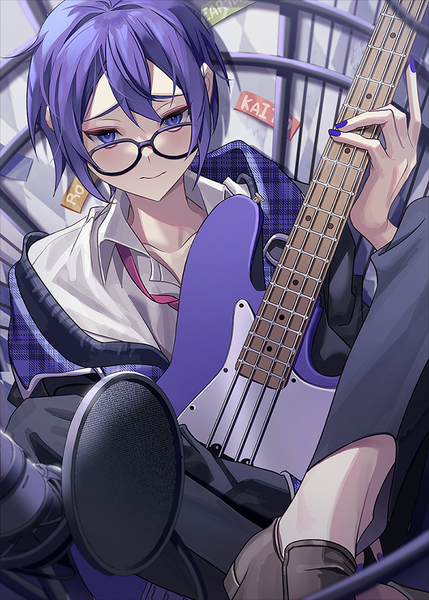 Anime picture 700x978 with project sekai vocaloid kaito (vocaloid) sal single tall image looking at viewer fringe short hair hair between eyes purple eyes purple hair nail polish blue nail polish boy glasses microphone musical instrument guitar bass guitar
