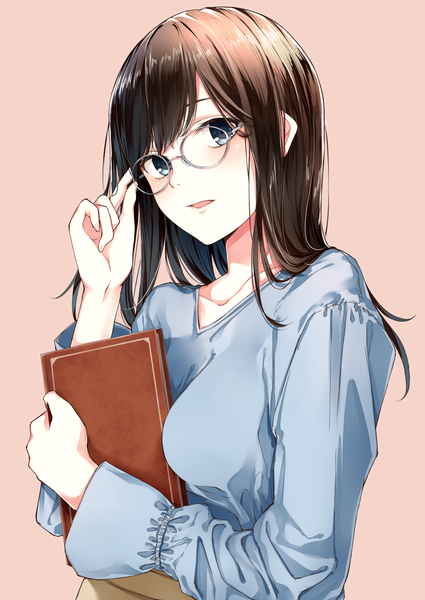Anime picture 1200x1694 with original dabadhi single long hair tall image looking at viewer fringe open mouth blue eyes simple background brown hair holding upper body pink background adjusting glasses girl glasses book (books)