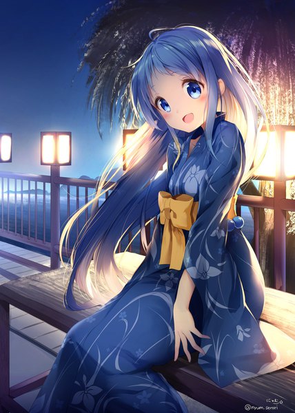Anime picture 1488x2088 with kantai collection samidare destroyer nyum single long hair tall image looking at viewer blush open mouth blue eyes sitting signed blue hair traditional clothes :d japanese clothes night twitter username girl obi