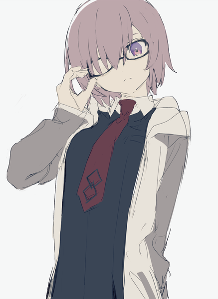 Anime picture 651x892 with fate (series) fate/grand order mash kyrielight hirota tsuu single tall image looking at viewer fringe short hair simple background white background purple eyes purple hair upper body head tilt hair over one eye expressionless adjusting glasses girl glasses