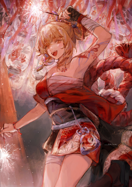 Anime picture 848x1200 with genshin impact yoimiya (genshin impact) keiuu single tall image fringe short hair open mouth blonde hair standing signed yellow eyes looking away ponytail blunt bangs traditional clothes :d japanese clothes tattoo girl