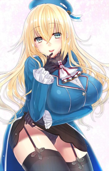 Anime picture 800x1253 with kantai collection atago heavy cruiser wa sakaidera umeko single long hair tall image looking at viewer blush breasts blue eyes light erotic blonde hair huge breasts finger to mouth cameltoe skirt lift girl thighhighs skirt gloves