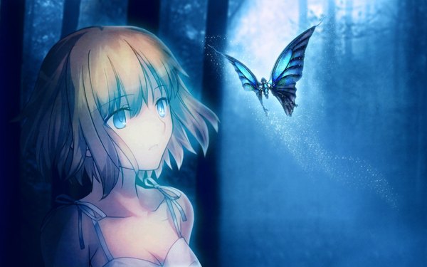Anime picture 1920x1200 with tsuki no sango type-moon goribu no shoujo single fringe highres short hair blue eyes blonde hair wide image nature girl bow plant (plants) hair bow tree (trees) insect butterfly forest