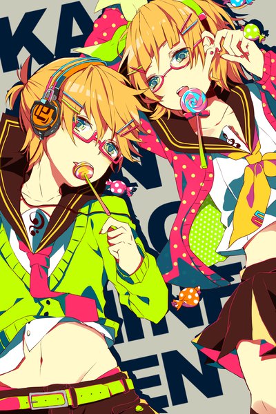 Anime picture 1000x1500 with vocaloid kagamine rin kagamine len makoji (yomogi) tall image looking at viewer short hair blue eyes blonde hair nail polish character names groin polka dot siblings twins bespectacled brother and sister girl boy skirt