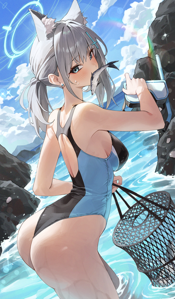 Anime picture 2514x4300 with blue archive shiroko (blue archive) shiroko (swimsuit) (blue archive) netural single long hair tall image looking at viewer blush fringe highres breasts blue eyes light erotic standing holding animal ears payot sky cloud (clouds)